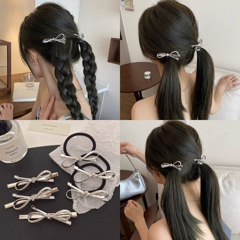 กิ๊บติดผม/ยางรัดผมประดับโบว์สไตล์เกาหลีสุดเท่สีเงินสําหรับผู้หญิงเครื่องประดับผมแฟชั่นความรู้สึกขั้นสูง.COD