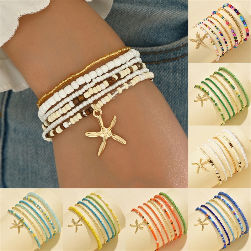 แฟชั่นลูกอมสี6ชิ้น/เซ็ต โบโฮ ปลาดาวลูกปัดสร้อยข้อมือคริสตัลกําไลข้อมือชายหาดวันหยุดเครื่องประดับของขวัญสําหรับผู้หญิง