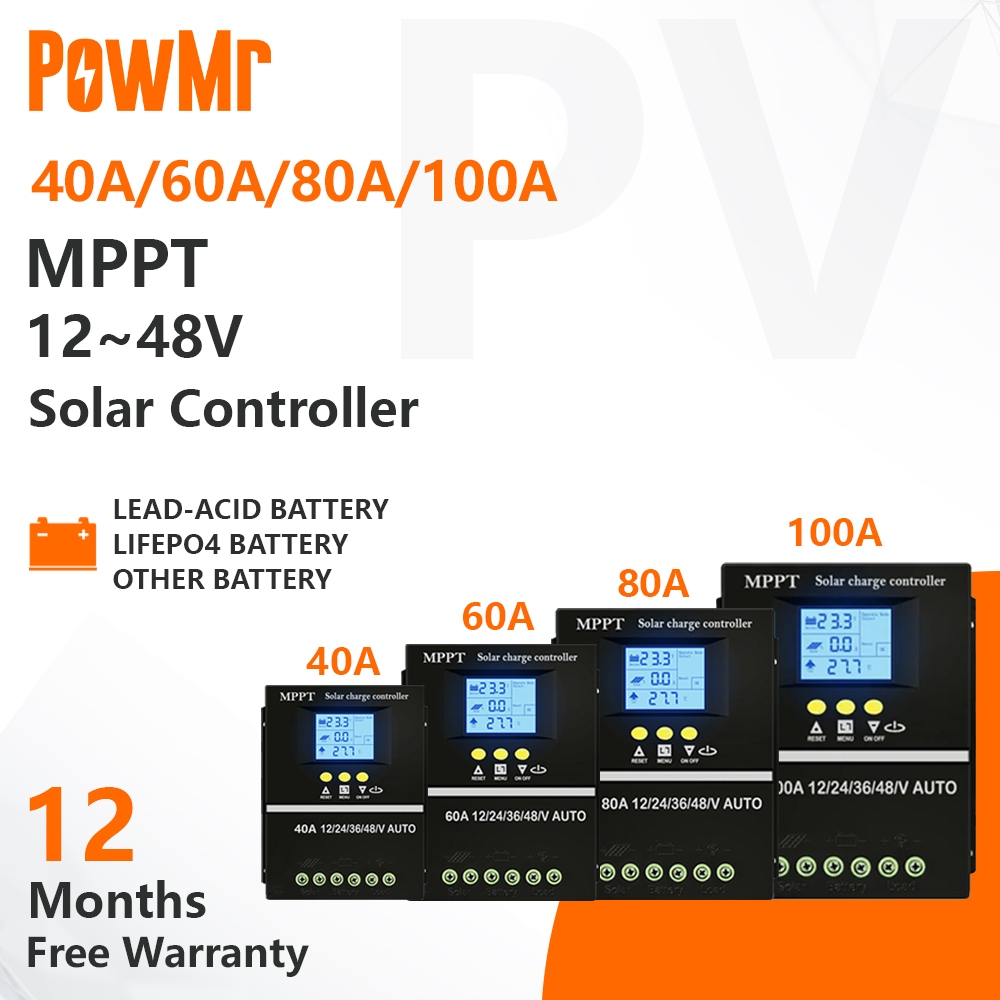 PowMr 40A/60A/80A/100A MPPT Solar Charge Controller 12V 24V 36V 48V จอแสดงผล LCD แบตเตอรี่อัจฉริยะตัวควบคุมสูงสุด 100V อินพุต Dual USB สําหรับตะกั่วกรด/แบตเตอรี่ลิเธียม