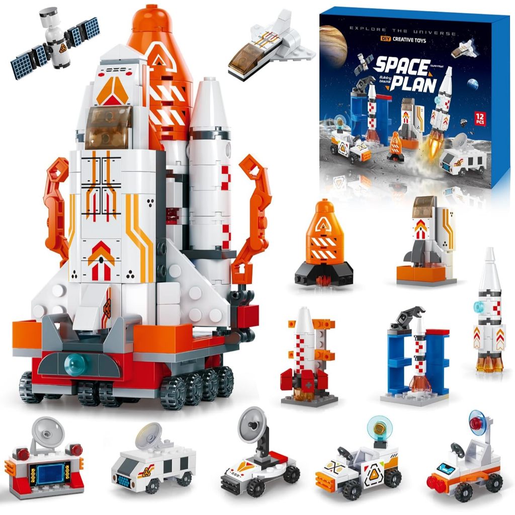 12 in 1 Space Building Blocks Mini Shuttle Exploration Building อิฐชุด Aerospace Rocket ของเล่นบล็อกซ้อนสําหรับ Party Favor เด็กผู้ใหญ่ห้องเรียนรางวัลอุปกรณ์