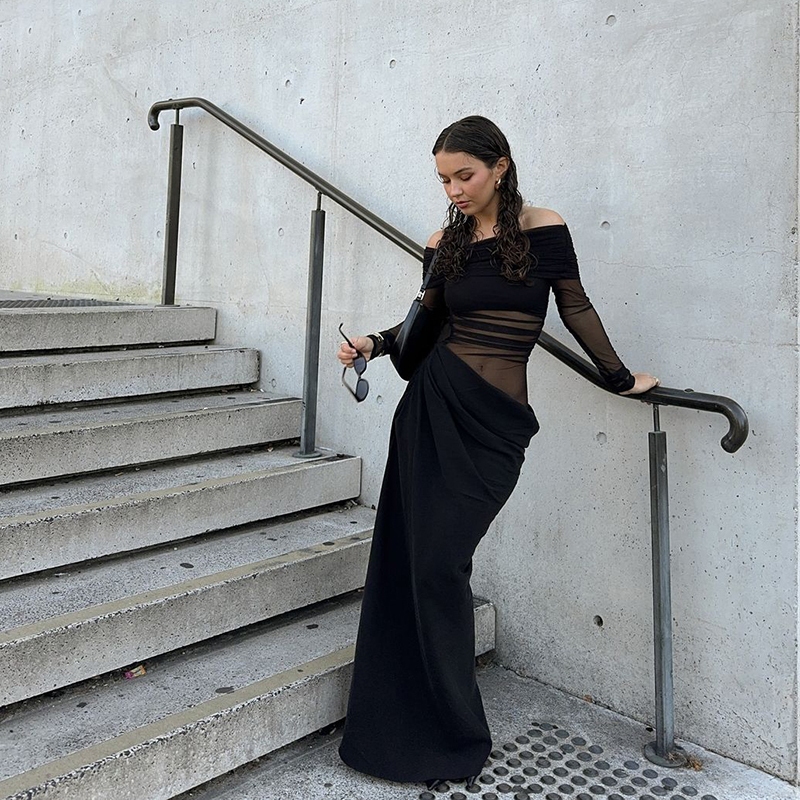 แปลก Puss Casual Maxi Dresses หนึ่งไหล่แขนยาว Skinny Solid ดูผ่านอเนกประสงค์ Club Party บรรยากาศสไตล์แฟชั่น 2024 ร้อนใหม่ — صورة 3