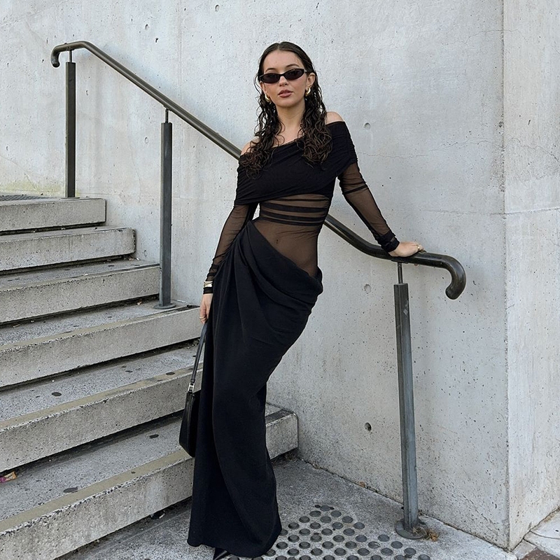 แปลก Puss Casual Maxi Dresses หนึ่งไหล่แขนยาว Skinny Solid ดูผ่านอเนกประสงค์ Club Party บรรยากาศสไตล์แฟชั่น 2024 ร้อนใหม่ — صورة 2