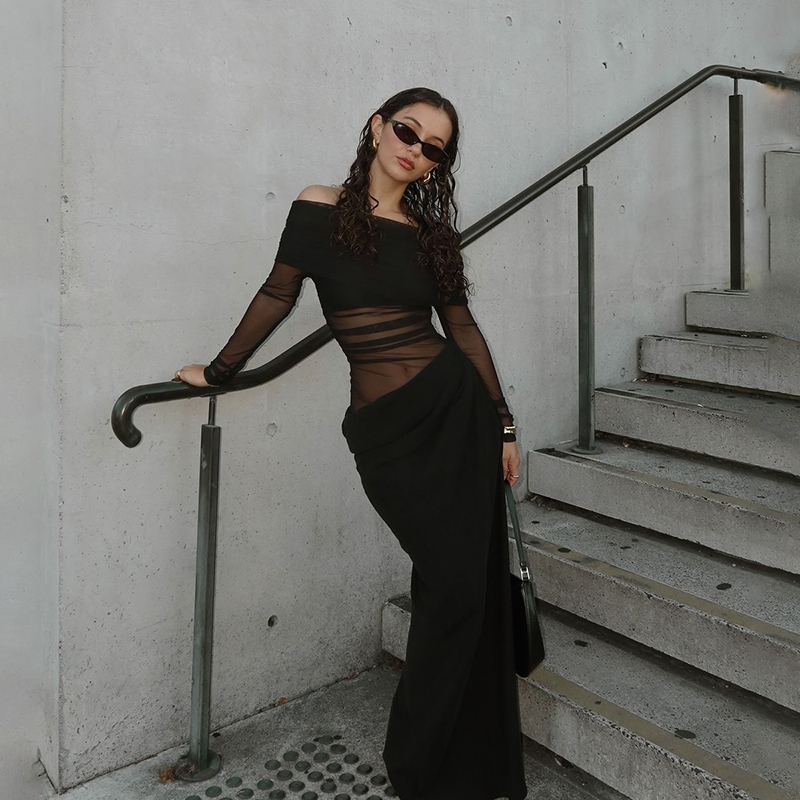 แปลก Puss Casual Maxi Dresses หนึ่งไหล่แขนยาว Skinny Solid ดูผ่านอเนกประสงค์ Club Party บรรยากาศสไตล์แฟชั่น 2024 ร้อนใหม่ — صورة 5