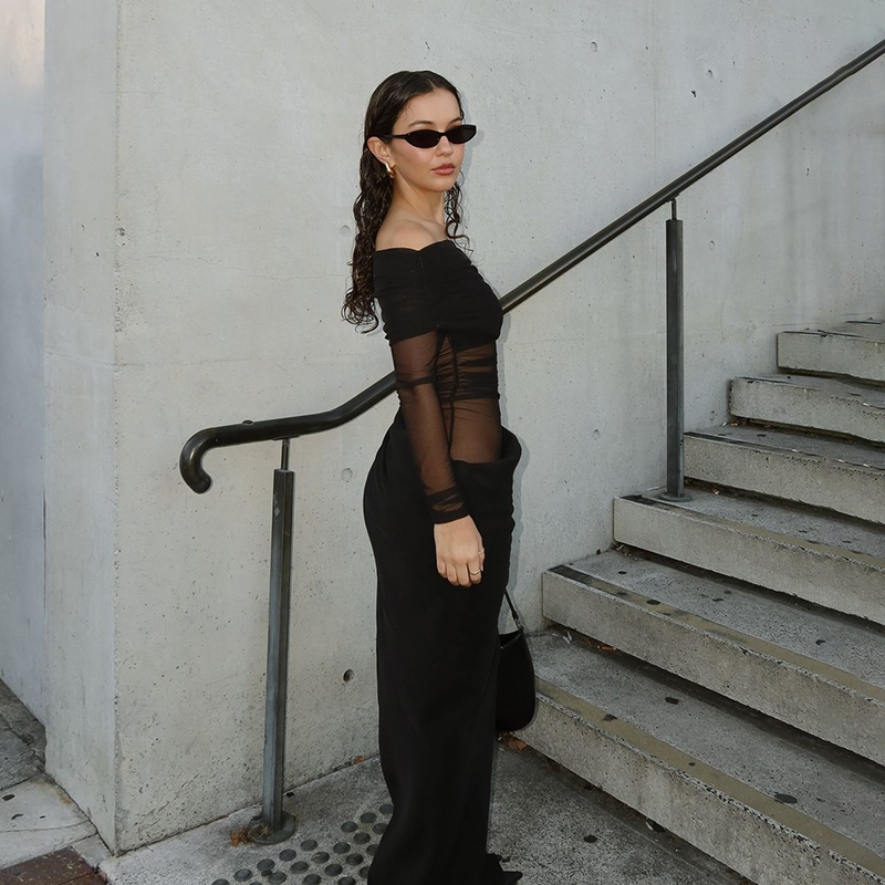 แปลก Puss Casual Maxi Dresses หนึ่งไหล่แขนยาว Skinny Solid ดูผ่านอเนกประสงค์ Club Party บรรยากาศสไตล์แฟชั่น 2024 ร้อนใหม่ — صورة 4