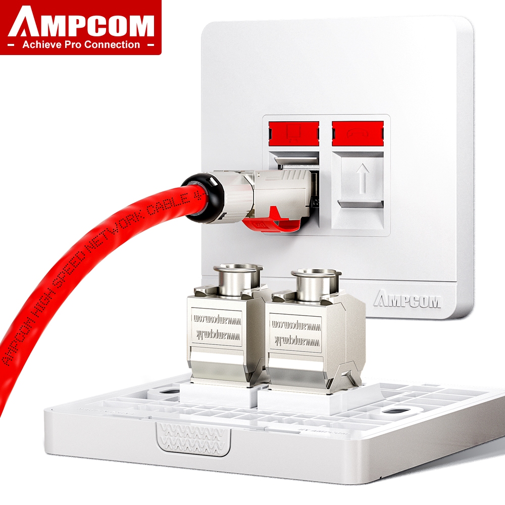 AMPCOM ชุดแผง, หน้าแผงผนังพร้อม CAT7 10Gbps STP Keystone Jack, โมดูลรัดระเบิด RJ45 แบบสังกะสีพร้อมแผงผนัง 86 มม