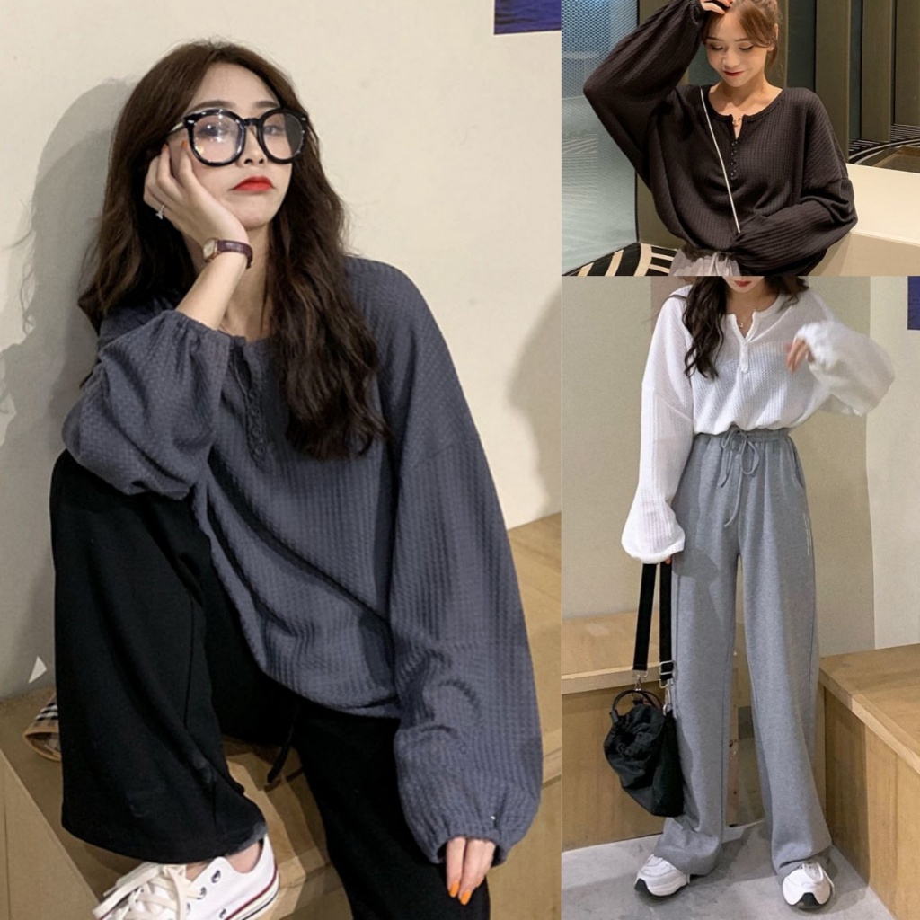 Luna shop🍒เสื้อยืดโอเวอร์ไซส์วาฟเฟิลแขนยาวสำหรับผู้หญิงเสื้อลำลองหลวมสีเทาย้อนยุคสไตล์ขี้เกียจใหม่