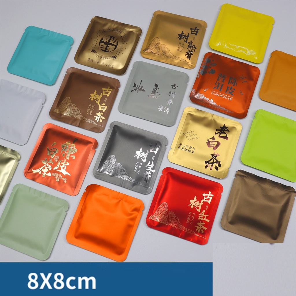 200 ชิ้น 80x80 มม. พิมพ์ถุงบรรจุภัณฑ์ชา เปิดกระเป๋า อลูมิเนียมฟอยล์