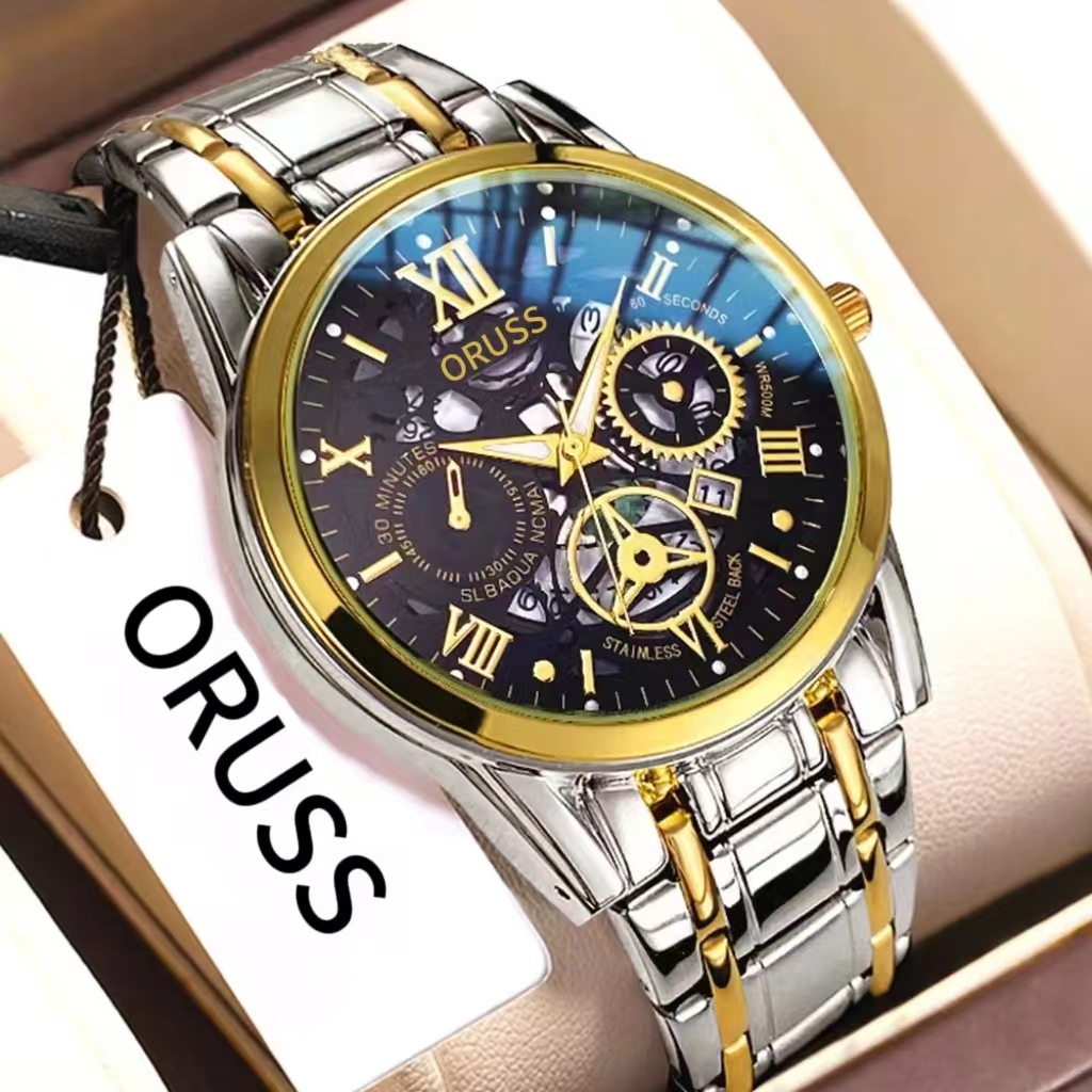 ORUSS รัส ต้นฉบับสแตนเลสผู้ชายกลวงปฏิทินส่องสว่างธุรกิจหรูหรานาฬิกาแฟชั่นทองกันน้ํานาฬิกาควอทซ์สวิส