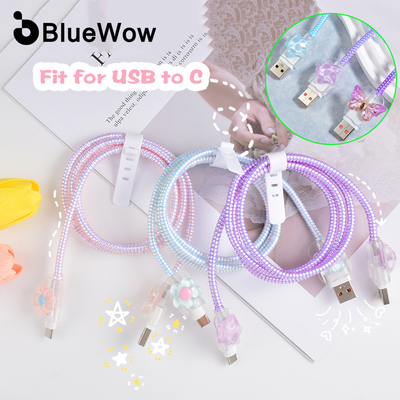 สําหรับAndroid Bluewow USB Type-Cซิลิโคนนุ่มCharge Protector/Insสไตล์ผีเสื้อดอกไม้สายProtectorข้อมูลสายสําหรับAndroid ChargerสายProtector