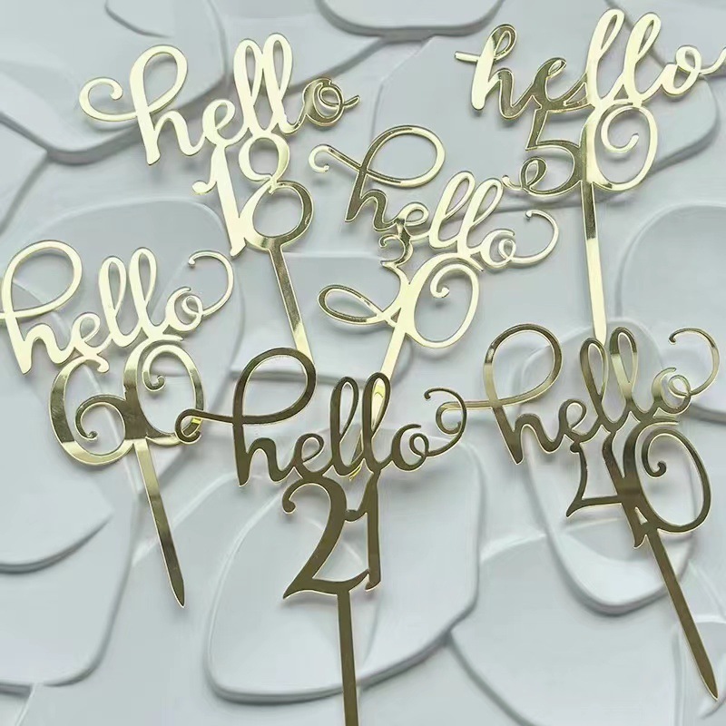 Happy Birthday Cake Topper, Hello 18 / Hello 21 / Hello 30 / Hello 40 / Hello 50 / Hello 60 เค้กอะคริลิค Topper, Eighteen One Thirty Fifty Sixty Birthday Cake Decor