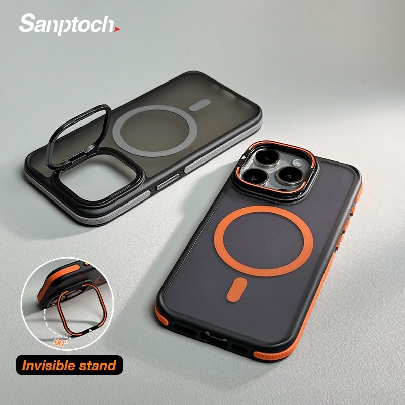 Sanptoch แม่เหล็กที่มองไม่เห็นขาตั้งเคสโทรศัพท์สําหรับ iPhone 17 16 15 14 13 Pro Max Non-slip Matte โปร่งแสง Hard Cover ทหารกันกระแทกป้องกันปลอกพร้อมที่ใส่เลนส์กล้อง