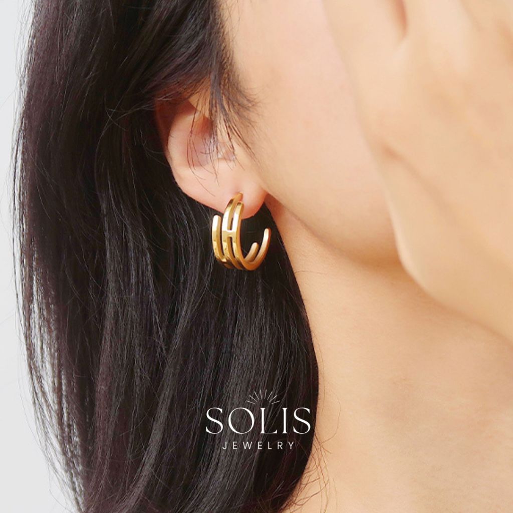 ชั้น Hollow Staggered C Hoop ต่างหู 18K Gold Plated • กันน้ํา Non-Tarnish 316L สแตนเลสไทเทเนียมเหล็ก Hypoallergenic ต่างหูแฟชั่นสําหรับผู้หญิง ER400
