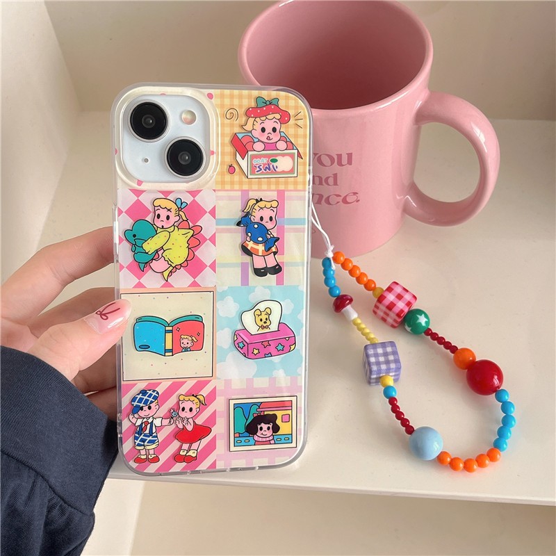 Iphone 16 15 Pro max 14 Pro max สาวการ์ตูนลายเก้าเหลี่ยมวัสดุ TPU กระบวนการ IMD เคสโทรศัพท์พิมพ์สองชั้น