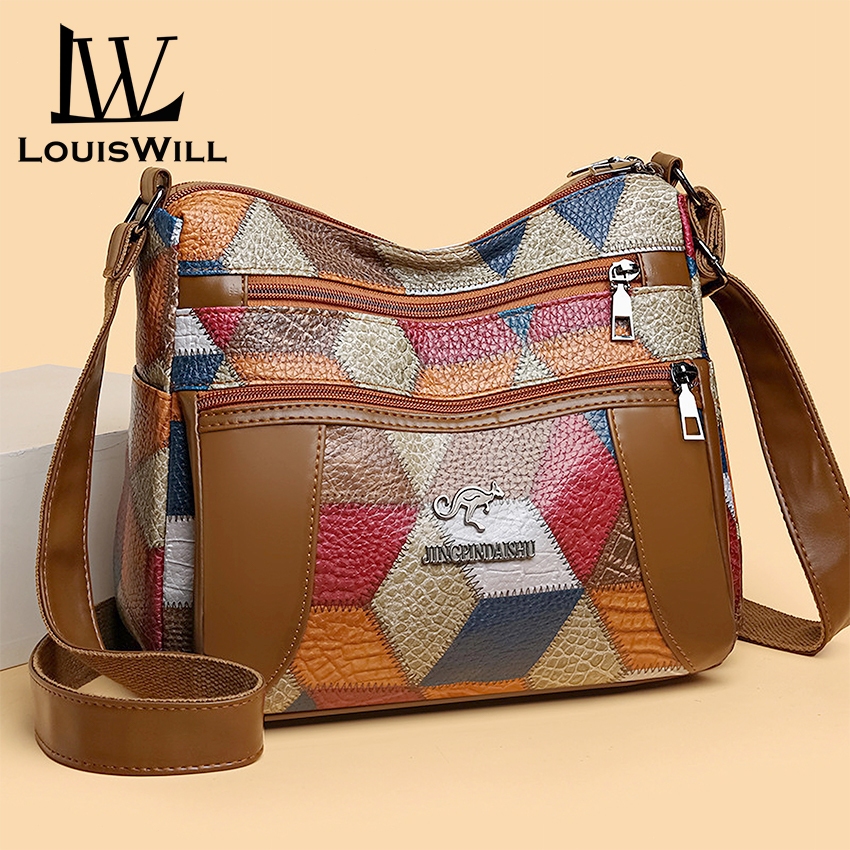 Louiswill ผู้หญิงs สไตล์โบฮีเมียน Splicing Contrast Design กระเป๋าความจุขนาดใหญ่กระเป๋าหนัง PU นุ่ม