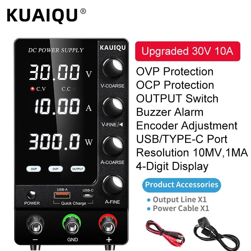 Kuaiqu 24 โวลต์ Lab DC Power Supply DC 30V 10A OCP/OVP ปรับแรงดันไฟฟ้า Bench Source สําหรับ pc,ซ่อมโทรศัพท์มือถือ,electroplating, สัก SPS-C3010S
