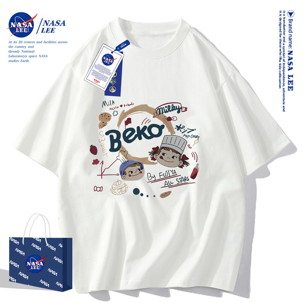เสื้อยืดแขนสั้นผ้าฝ้ายคอตตอนลาย NASA รุ่นใหม่สำหรับฤดูร้อน 2024 แบบหลวมและระบายอากาศได้ดี