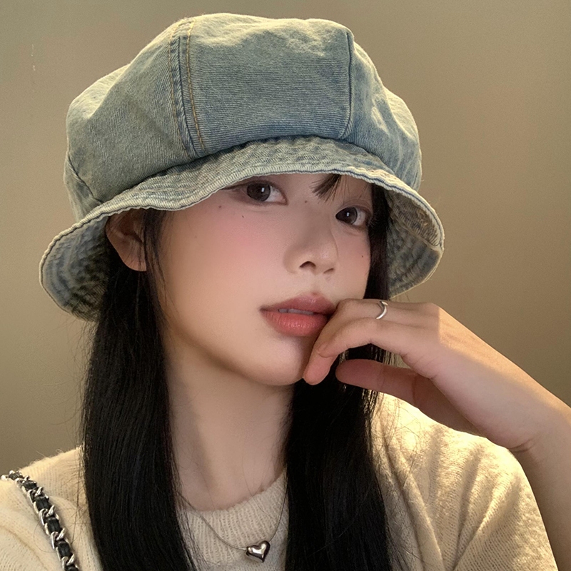 Washed Distressed Cowboy Beret หญิง ins All-Match Face-Looking Little Beret จิตรกรหมวกสไตล์ญี่ปุ่นหัวใหญ่ Circum