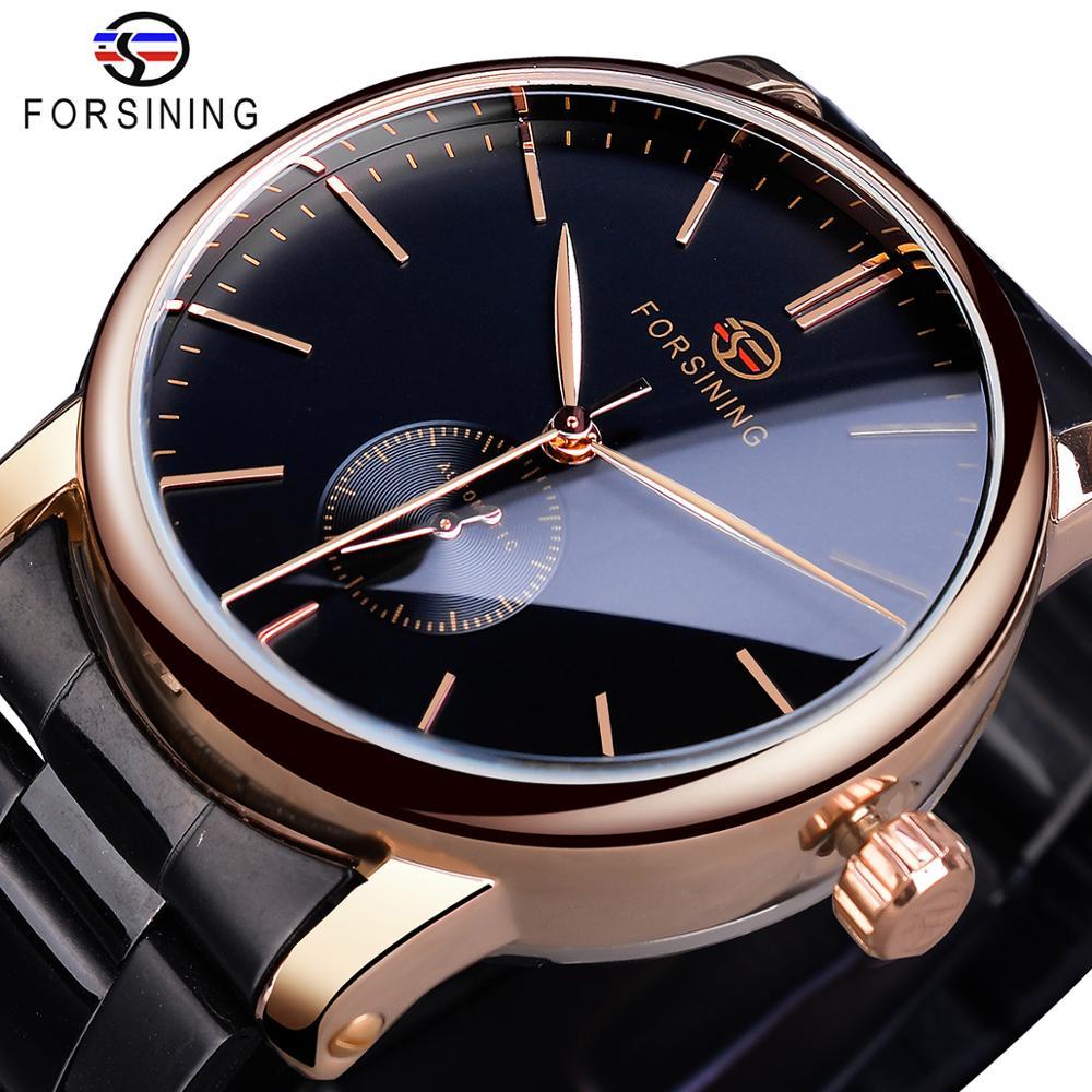 Forsining Mens Clock Top Brand Gold Case Black Stainless Steel Fashion Mens Watch Mechanical Automat