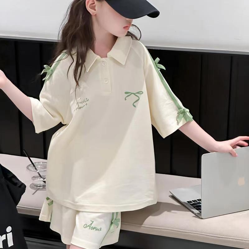 ชุดกีฬาฤดูร้อนของเด็กผู้หญิง Lemon-tree เสื้อโปโลเด็กใหม่ กางเกงขาสั้นโบว์สไตล์ตะวันตก สองชิ้น เวอร์ชั่นเกาหลี