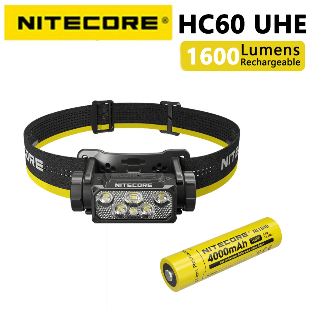 NITECORE HC60 UHE ไฟหน้าในตัว 4,000mAh 18650 แบตเตอรี่ Li-ion 1,600 Lumens 6 x NiteLab UHE LEDs กลาง