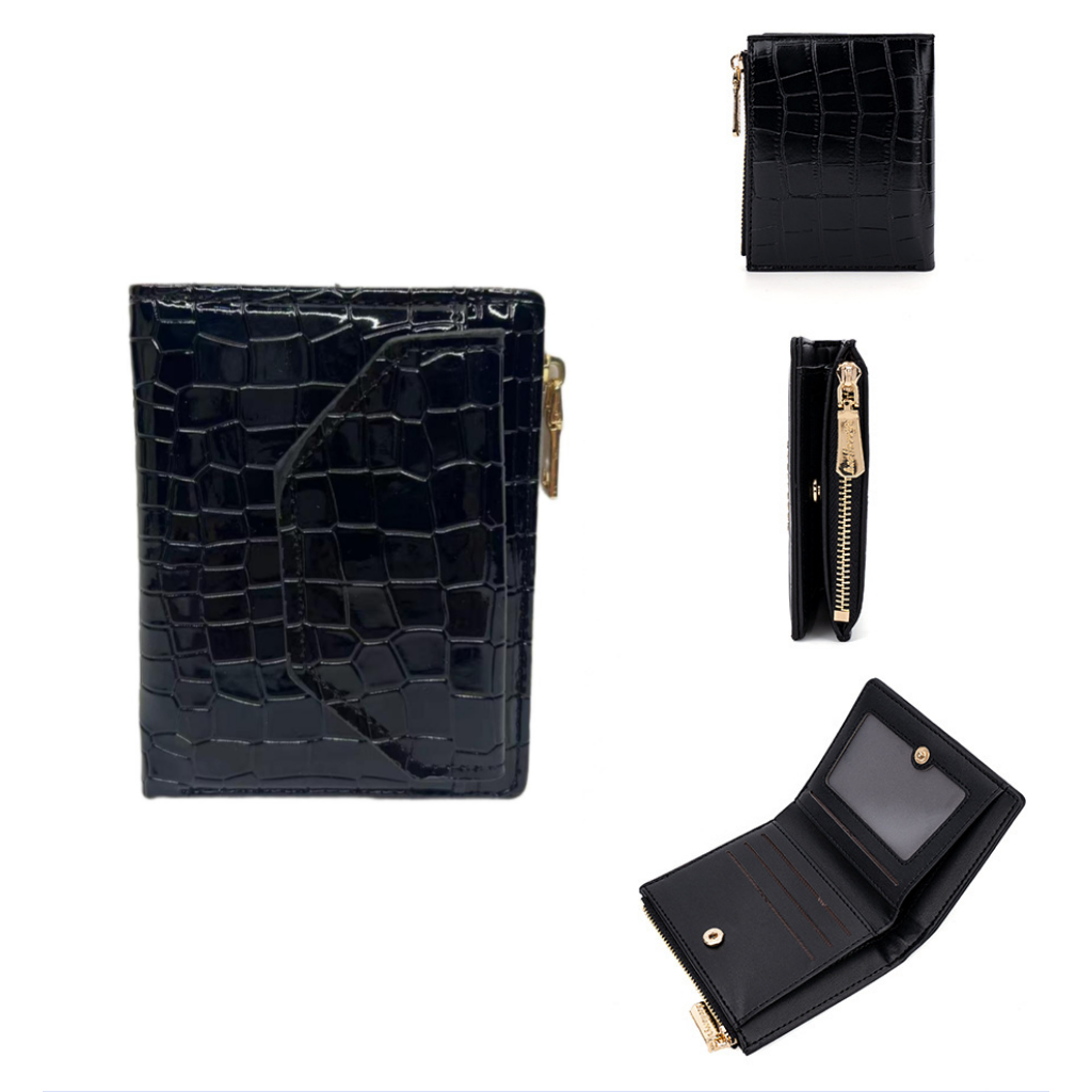 ใหม่ลายจระเข้กระเป๋าสตางค์พับคู่เลื่อมสั้นแฟชั่น Lacquered กระเป๋าสตางค์กระเป๋าบัตรน่ารัก Zero กระเป