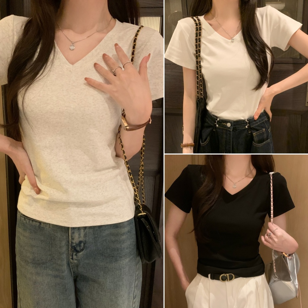 Betty house🌸พร้อมส่ง เสื้อแฟชั่น เสื้อยืดผู้หญิง ผ้ายืดรูปทรงเข้ารูปขั้นพื้นฐาน แขนสั้นคอวี สีพื้น สไตล์มินิมอล