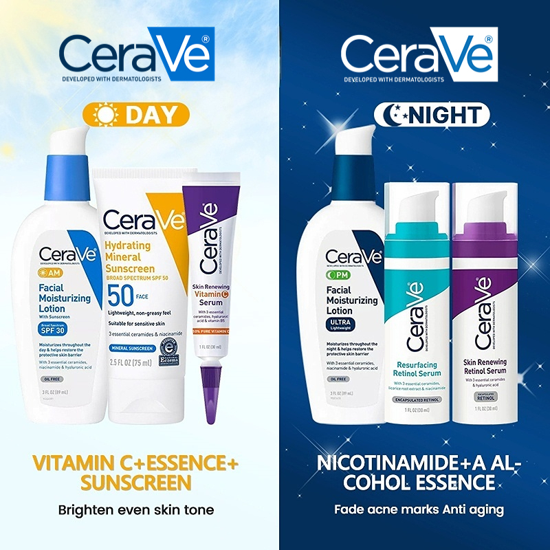 Cerave Set AM & PM Facial Moisturizing Lotion Vitamin C Serum Retinol Serum Sunscreen Whitening Skin