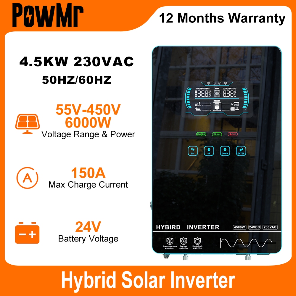 PowMr 4.5kw Hybrid Solar Inverter 24V ในตัว 150A Solar Charge Controller PV อินพุตแรงดันไฟฟ้า 55-450