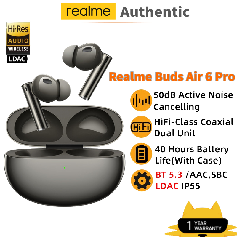 Realme Buds Air 6 Pro หูฟังไร้สาย True 50dB Active Noise Cancelling บลูทูธ 5.3 TWS หูฟัง LDAC IP55 หูฟัง