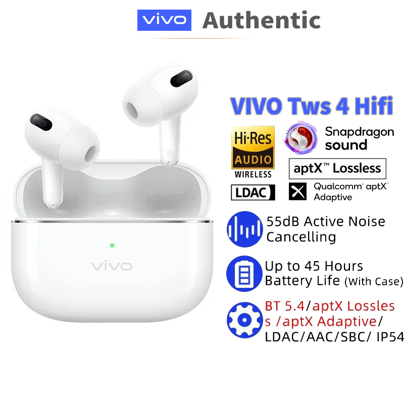 ViVO TWS 4 HiFi หูฟังไร้สาย True 55dB Active Noise Cancelling LDAC TWS หูฟังบลูทูธ 5.4 AptX Lossless