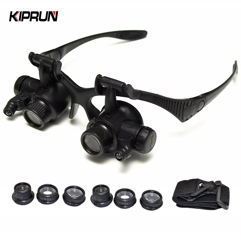 Kiprun แว่นขยาย,แถบคาดศีรษะ LED Light แว่นตาแว่นขยาย, 10X 15X 20X 25X Dual Eye Loupe เลนส์สําหรับนาฬิกาซ่อมเครื่องประดับเลนส์แว่นขยายแก้ว