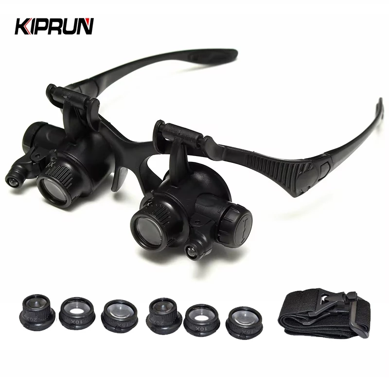 Kiprun ขยาย,แถบคาดศีรษะ LED Light แว่นตาแว่นขยาย, 10X 15X 20X 25X Dual Eye Loupe เลนส์สําหรับนาฬิกาซ่อมเครื่องประดับเลนส์แว่นขยายแก้ว