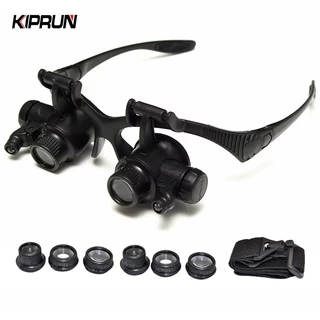 Kiprun ขยาย,แถบคาดศีรษะ LED Light แว่นตาแว่นขยาย, 10X 15X 20X 25X Dual Eye Loupe เลนส์สําหรับนาฬิกาซ่อมเครื่องประดับเลนส์แว่นขยายแก้ว