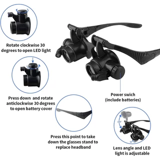 Kiprun ขยาย,แถบคาดศีรษะ LED Light แว่นตาแว่นขยาย, 10X 15X 20X 25X Dual Eye Loupe เลนส์สําหรับนาฬิกาซ่อมเครื่องประดับเลนส์แว่นขยายแก้ว