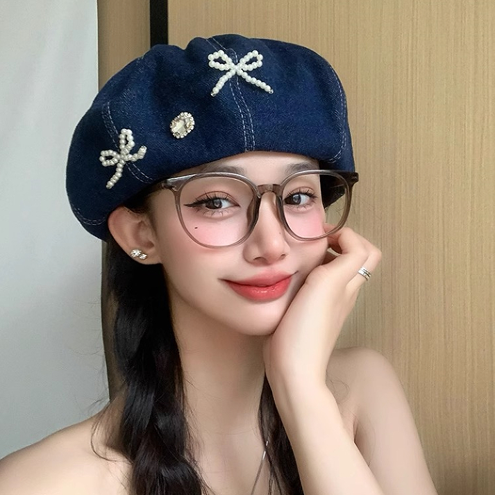 ญี่ปุ่นหวานน่ารักมุกโบว์เดนิมหมวกเบเร่ต์หญิงหวานเย็นสาวร้อนทุกการแข่งขันดูหมวกเมฆขนาดเล็ก