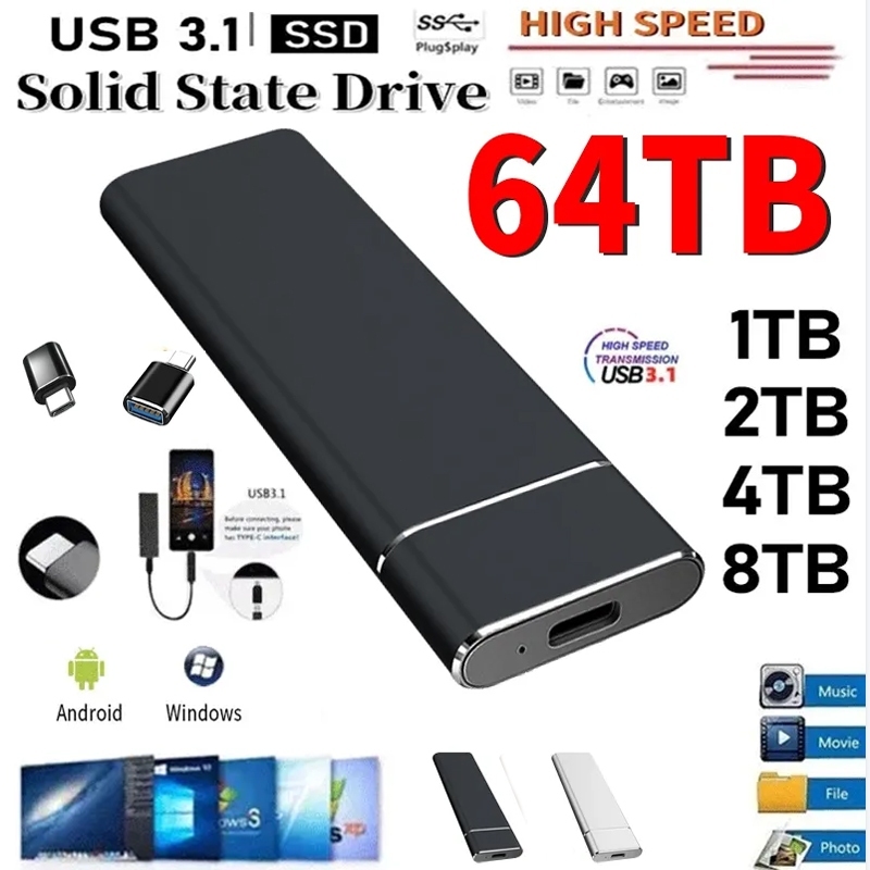 แบบพกพา SSD 64TB ฮาร์ดดิสก์ภายนอก 128TB สําหรับการจัดเก็บข้อมูล 16TB Moblie ฮาร์ดดิสก์สําหรับแล็ปท็อปเดสก์ท็อปข้อมูลหน่วยความจํา