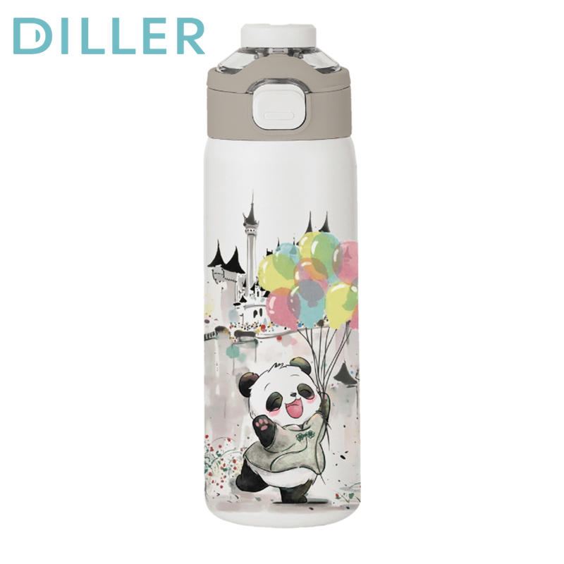Diller กระติกน้ําสูญญากาศ Thermos สแตนเลส Spout ฟางดื่ม Panda ขวดน้ํา 650ml D9246
