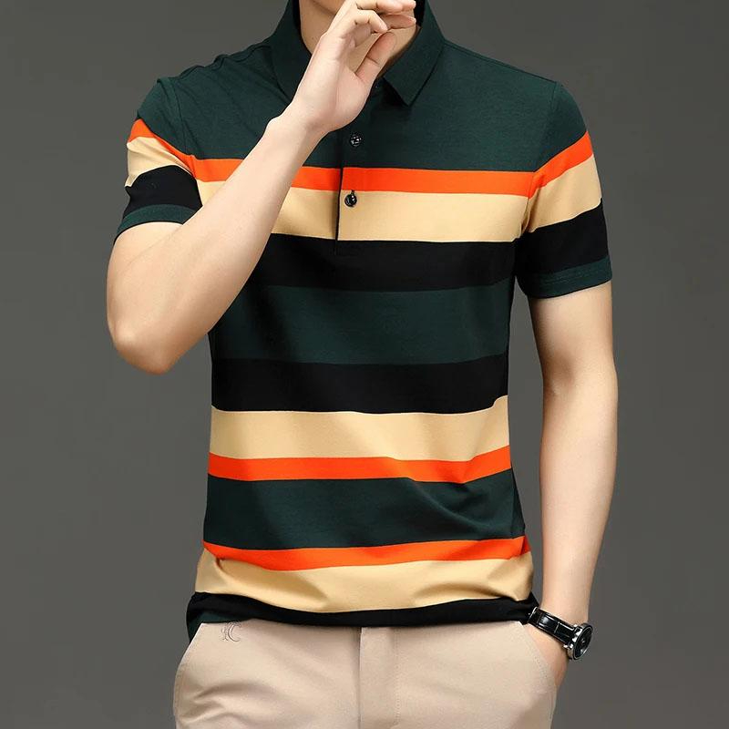 เสื้อโปโลลําลองสําหรับเล่นกีฬาแบบใหม่ฤดูร้อนเสื้อโปโลพิมพ์ลาย3งแขนสั้นผู้ชาย