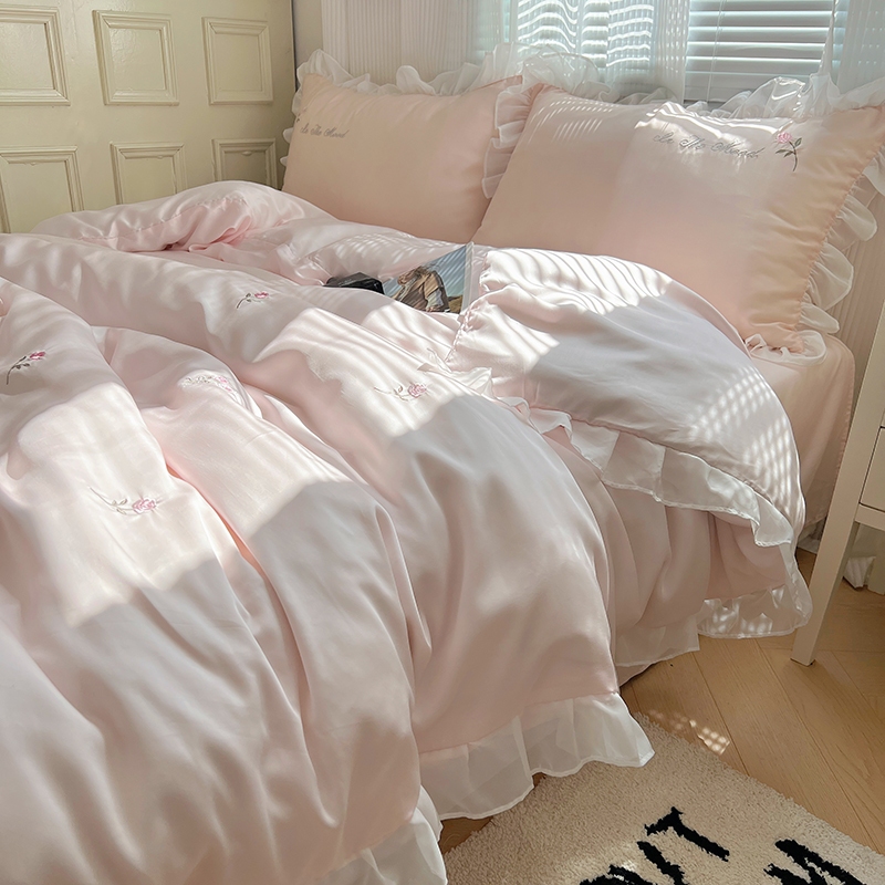 1ชิ้นผ้านวมผ้าไหมน้ําแข็งเดี่ยวขนาดควีนไซส์ผ้านวมลูกไม้สีชมพูปักดอกกุหลาบแบบผ้าห่มผ้าพันคอ