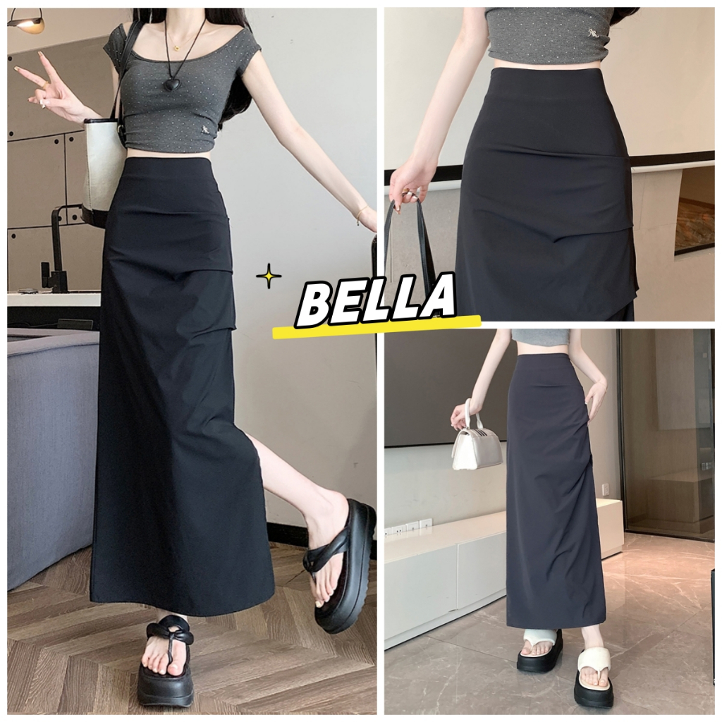 Bella Shop กระโปรงครึ่งตัวลำลอง เอวสูงผ่าข้างแบบบาง กระโปรงคลุมสะโพกปกปิดหน้าท้อง