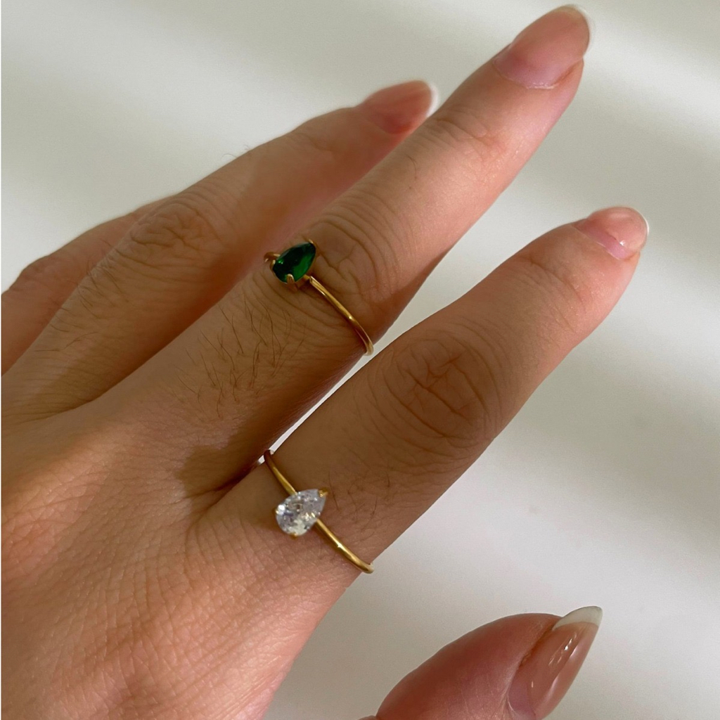 Simple Water Drop Shape Zircon ทอง 18K แหวนสแตนเลสเปิดปรับได้