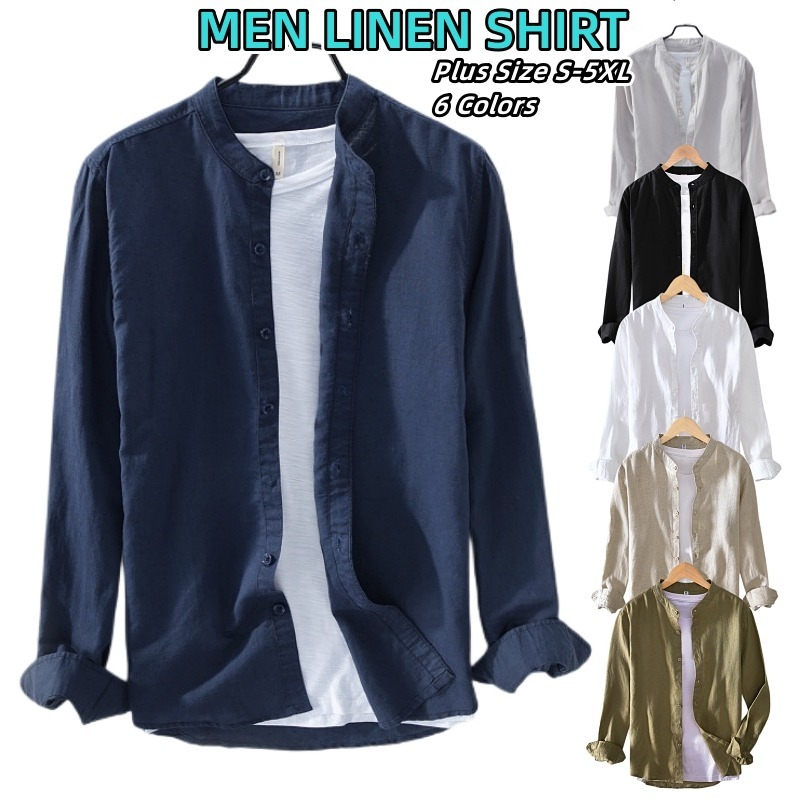 เสื้อเชิ้ตผ้าฝ้ายลินินขนาดบวกสําหรับผู้ชายเสื้อเชิ้ตแขนยาวธรรมดาเสื้อเชิ้ตทรงหลวม แคสัว