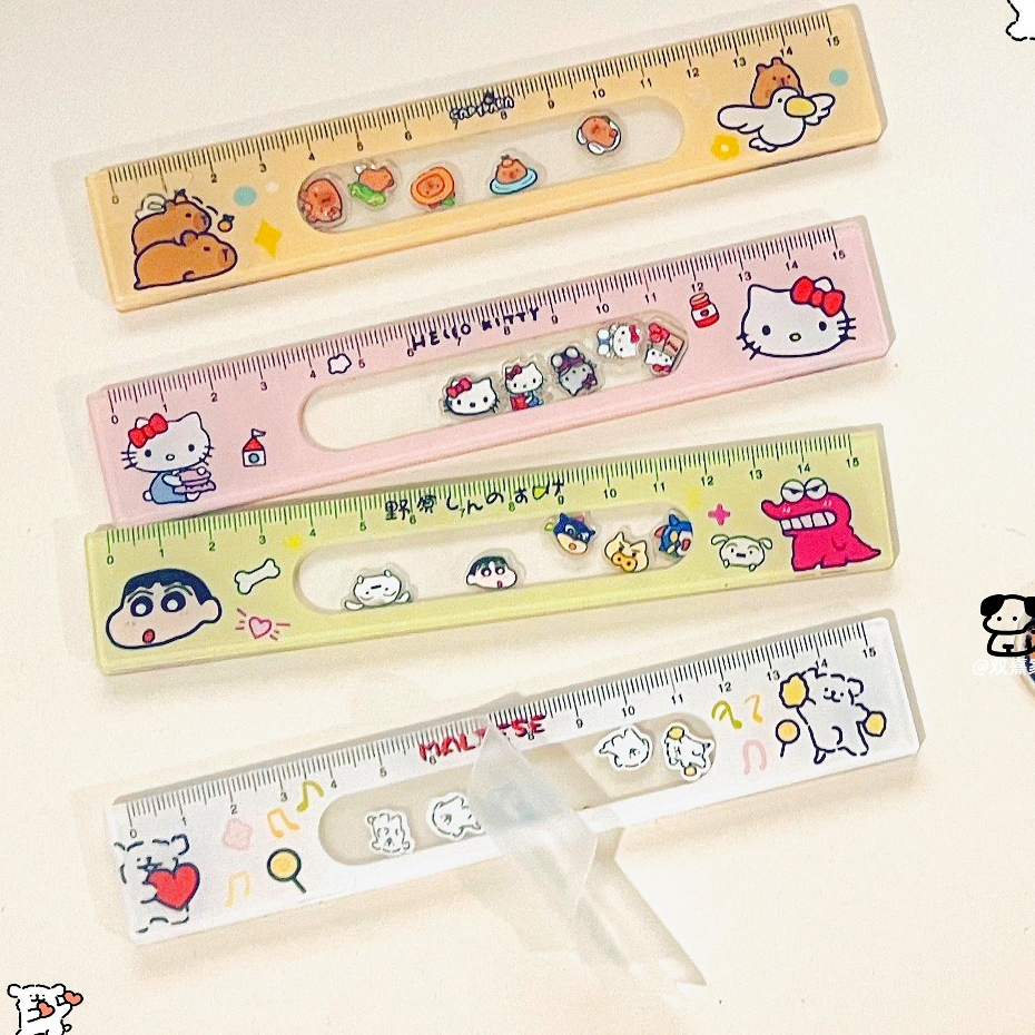 Crayon Shin-Chan ไม้บรรทัด Shake Happy Kapibara Hello Kitty Line Puppy ไม้บรรทัดวัดอะคริลิคหนานักเรียนเครื่องเขียนไม้บรรทัด 15 ซม.
