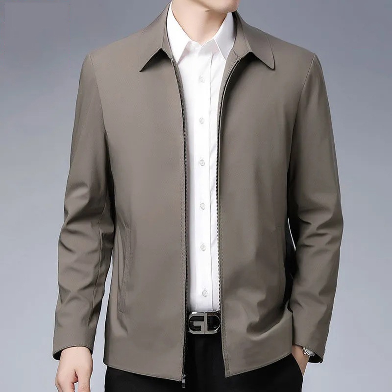 เสื้อแจ็คเก็ตซิปสไตล์ลําลองสําหรับนักธุรกิจสําหรับวัยกลางคนและผู้สูงอายุ ปกปกและแขนยาวสีดิน Plus Size 3XL