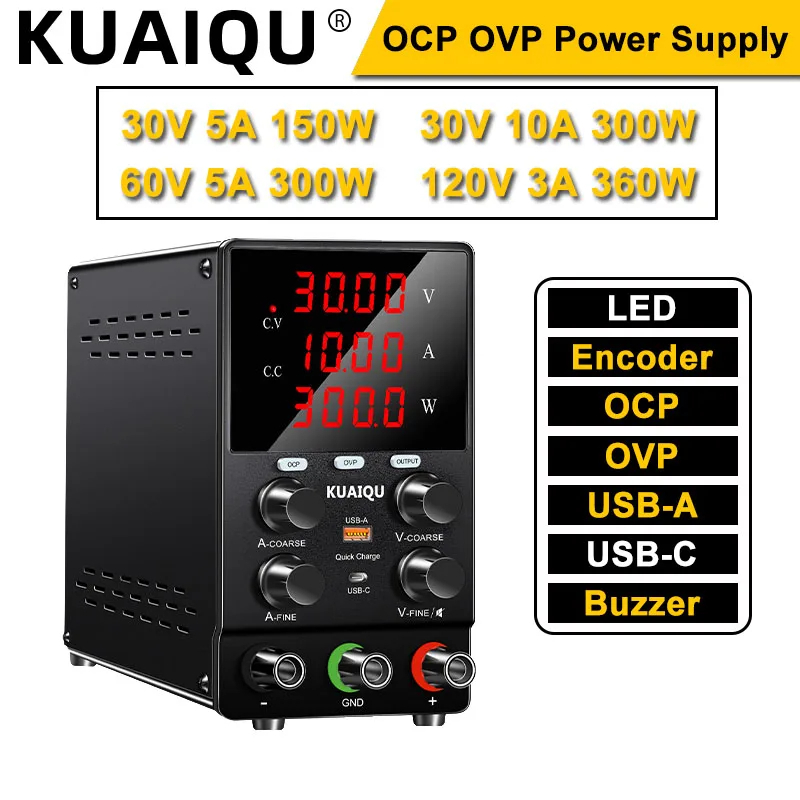 Kuaiqu ปรับ 0-30V 0-10a Switching Power Supply 12 V 10a 24 V DC Switching ชุบแหล่งจ่ายไฟ OCP OVP 4 จอแสดงผลดิจิตอล USB Type-C Lab aging test ซ่อมโทรศัพท์