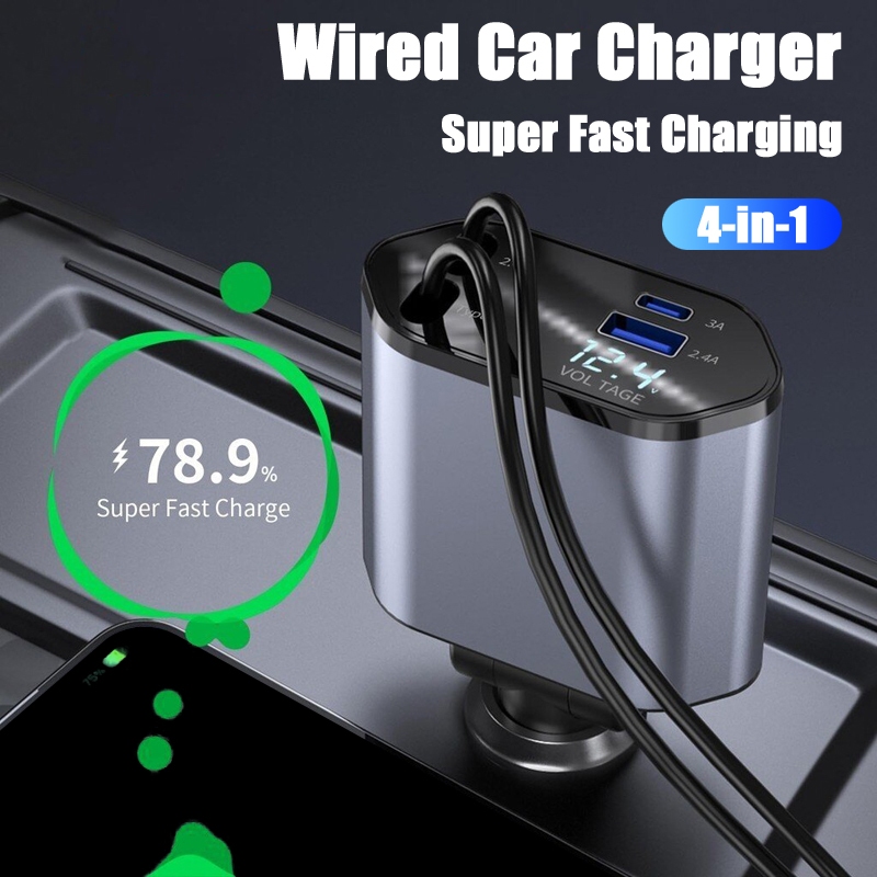 100w 4 in 1 Wired Car Charger Retractable Fast สายชาร์จสําหรับสาย IP Type C