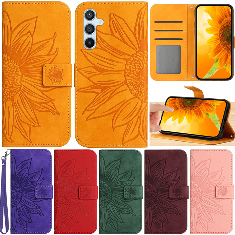 SAMSUNG หรูหราสําหรับsamsung Galaxy A55 5G A35 A54 A34 A15 A25 5G A05S M15 M55 A05 C55 M15 A15 5Gดอกทานตะวันกระเป๋าสตางค์ช่องใส่การ์ดหนังเคลือบหนังพลิกผิวป้องกันขาตั้งฝาครอบกรณี