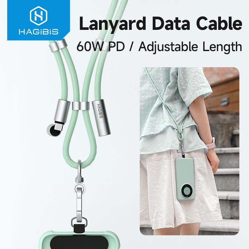 Hagibis Universal ปรับโทรศัพท์มือถือ Lanyard Data Cable USB C สาย 2 ใน 1 สายคล้องโทรศัพท์ C ถึง C/C ถึง L สายชาร์จสําหรับโทรศัพท์มือถือ