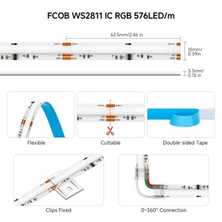 BTF-LIGHTING 10 เมตร COB RGB IC แถบไฟ LED 576LEDs/m WS2811 IC แอดเดรสได้ 12V 24V