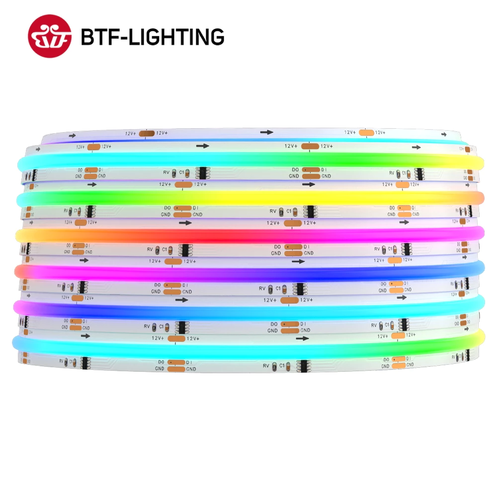 BTF-LIGHTING 10 เมตร COB RGB IC แถบไฟ LED 576LEDs/m WS2811 IC แอดเดรสได้ 12V 24V